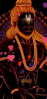 Hanuman spiritual artwork with vibrant colors and heart patterns.