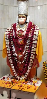 Hanuman statue adorned with garlands in a temple setting.