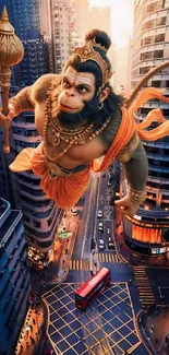 Hanuman flying over city streets in vibrant urban artwork wallpaper.