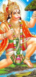 Colorful Hanuman wallpaper with vibrant blue and orange colors.