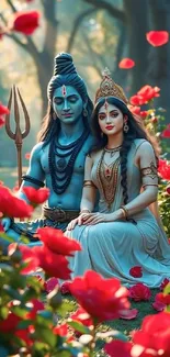 Divine couple with trident surrounded by red roses.