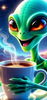 Green alien enjoying a cup of coffee in space with a colorful background.