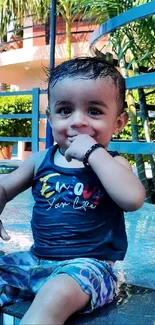 Baby sitting by the pool enjoying a sunny day, wearing colorful clothes.