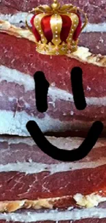 Bacon slices with a smiling face and crown on wooden background.