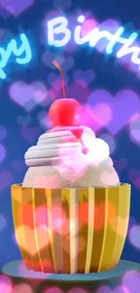 Colorful birthday cupcake with heart bokeh background.