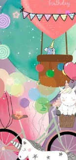 Whimsical unicorn birthday wallpaper with colorful balloons.