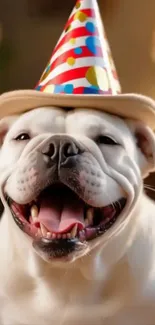 A happy bulldog wearing a colorful party hat.