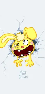 Humorous cartoon bunny breaks through mobile screen.