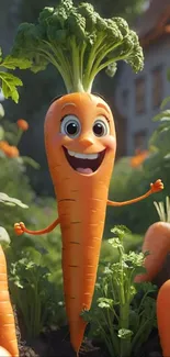 Smiling cartoon carrot in a garden setting.