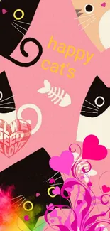 Happy cats wallpaper with pink background and love theme.