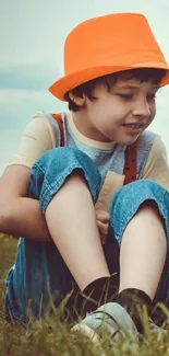 Child wearing an orange hat sitting outdoors on a sunny day.