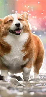 Joyful Corgi walking through rain with droplets around.