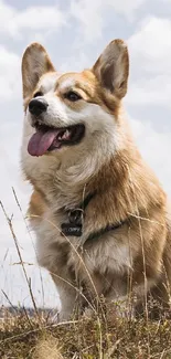 Cute corgi sitting in the sunlit field, with a bright sky background.