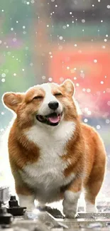 Joyful corgi in rain on railway track.