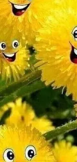 Cheerful cartoon dandelions with smiling faces on a bright yellow wallpaper.