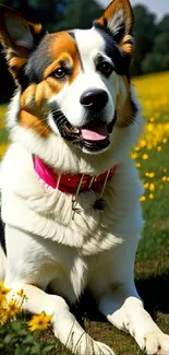 Happy dog with pink collar in a yellow flower field.