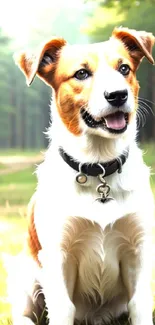 Cheerful dog sitting in a sunny forest clearing.