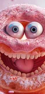 Cartoon donut with big smile and googly eyes.