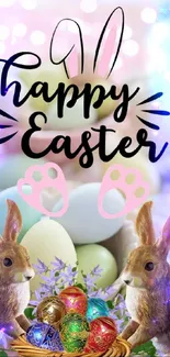 Happy Easter wallpaper with bunnies and colorful decorated eggs.