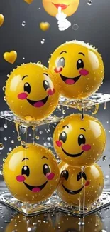 3D emoji spheres with smiles and water droplets.