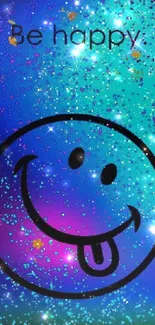 Vibrant glittery smiley face wallpaper with 'Be Happy' text.