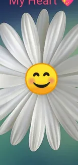 Daisy flower with smiling emoji overlay against a gradient background.