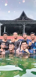 Group of friends having fun in a pool, capturing a joyful outdoor moment.