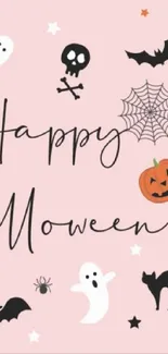 Cute Halloween wallpaper with ghosts, bats, and pumpkin on a pink background.