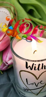 Colorful Holi candle with tulips and festive decoration.