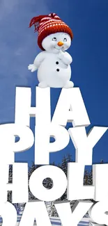 Cheerful snowman on 'Happy Holidays' text against a snowy blue sky background.