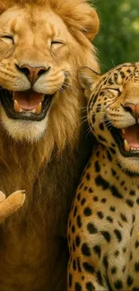 Smiling lion and cheetah enjoying the wild.