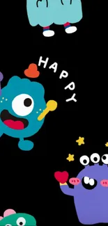 Vibrant cartoon monsters on black background mobile wallpaper.