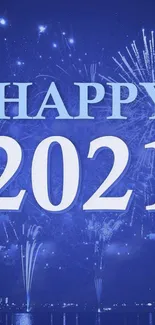 Blue Happy 2021 wallpaper with fireworks display.