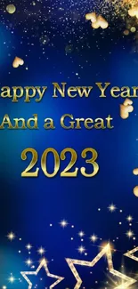 Happy New Year 2023 wallpaper with stars and blue gold theme.