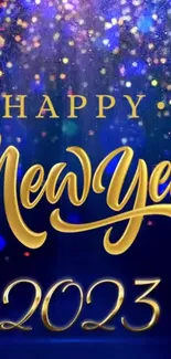 Happy New Year 2023 wallpaper with golden text on navy blue background.