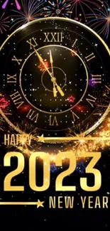 2023 New Year clock with fireworks on black background.