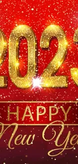 Happy New Year 2023 golden text on festive red background.