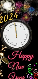 Happy New Year 2024 wallpaper with fireworks and clock.