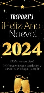 New Year 2024 wallpaper with gold text and festive design.