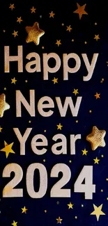 Happy New Year 2024 with gold stars on dark background.