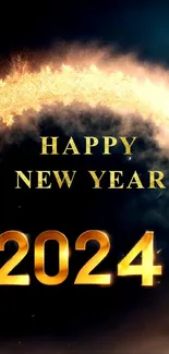 Elegant Happy New Year 2024 wallpaper with golden text and festive flair.