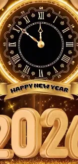 New Year 2026 clock with gold decorations.