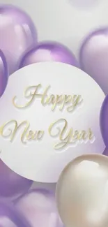 Colorful New Year balloons wallpaper with festive purple hues.