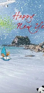 Festive New Year beach wallpaper with snow and ocean view.