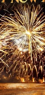 Festive New Year fireworks over a beach with golden reflections.