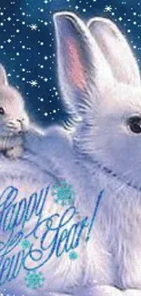 Happy New Year wallpaper with white rabbit and stars.