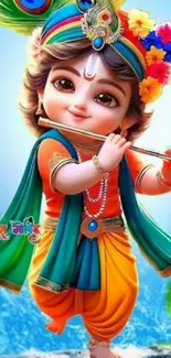 Colorful cartoon of Lord Krishna playing flute.