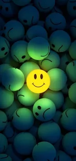 Vibrant yellow smiley amid dark teal spheres, phone wallpaper.