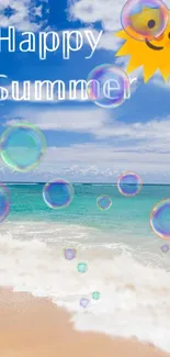 Vibrant beach scene with bubbles and a sun under blue skies, saying 'Happy Summer'.