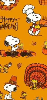 Snoopy and friends celebrate Thanksgiving in vibrant cartoon artwork.